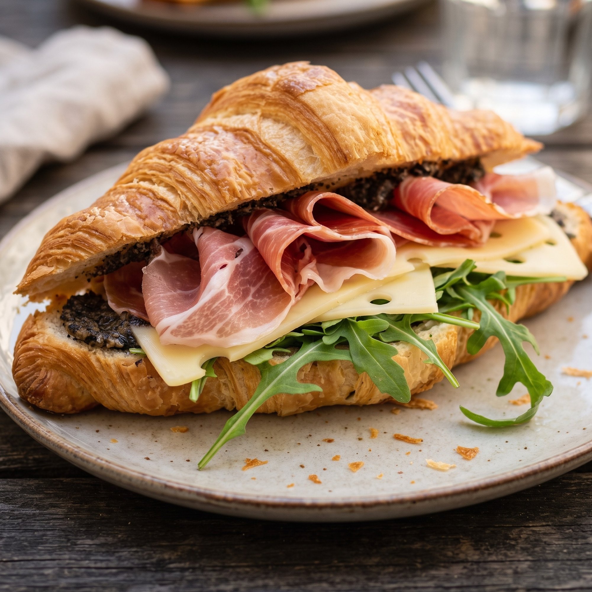 🥐 Máslový croissant s černým lanýžem, prosciuttem a rukolou