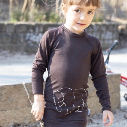 Dětské merino tričko s dlouhým rukávem - kakao s medvědem - kratší rukávy