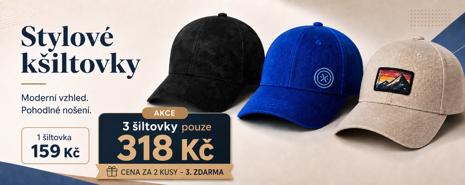 Banner s nabídkou stylových kšiltovek v různých barvách. Akce 3 kšiltovky za 318 Kč – zaplatíte 2 kusy, třetí získáte zdarma.