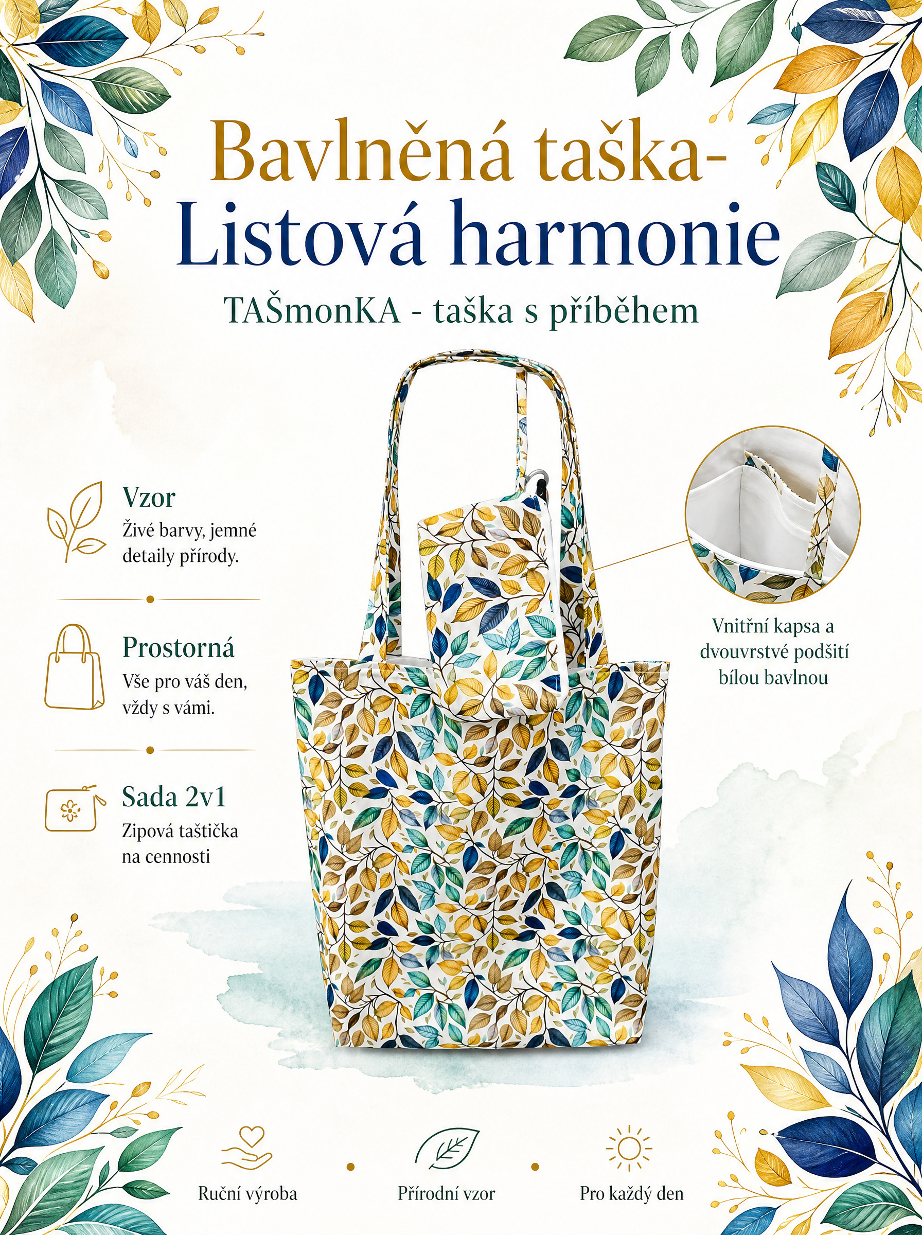 Bavlněná taška - Listová harmonie, vzor v žlutých, modrých a zelených tónech, detail vnitřní kapsy a podšití, doplněný akvarelovými listy na pozadí.