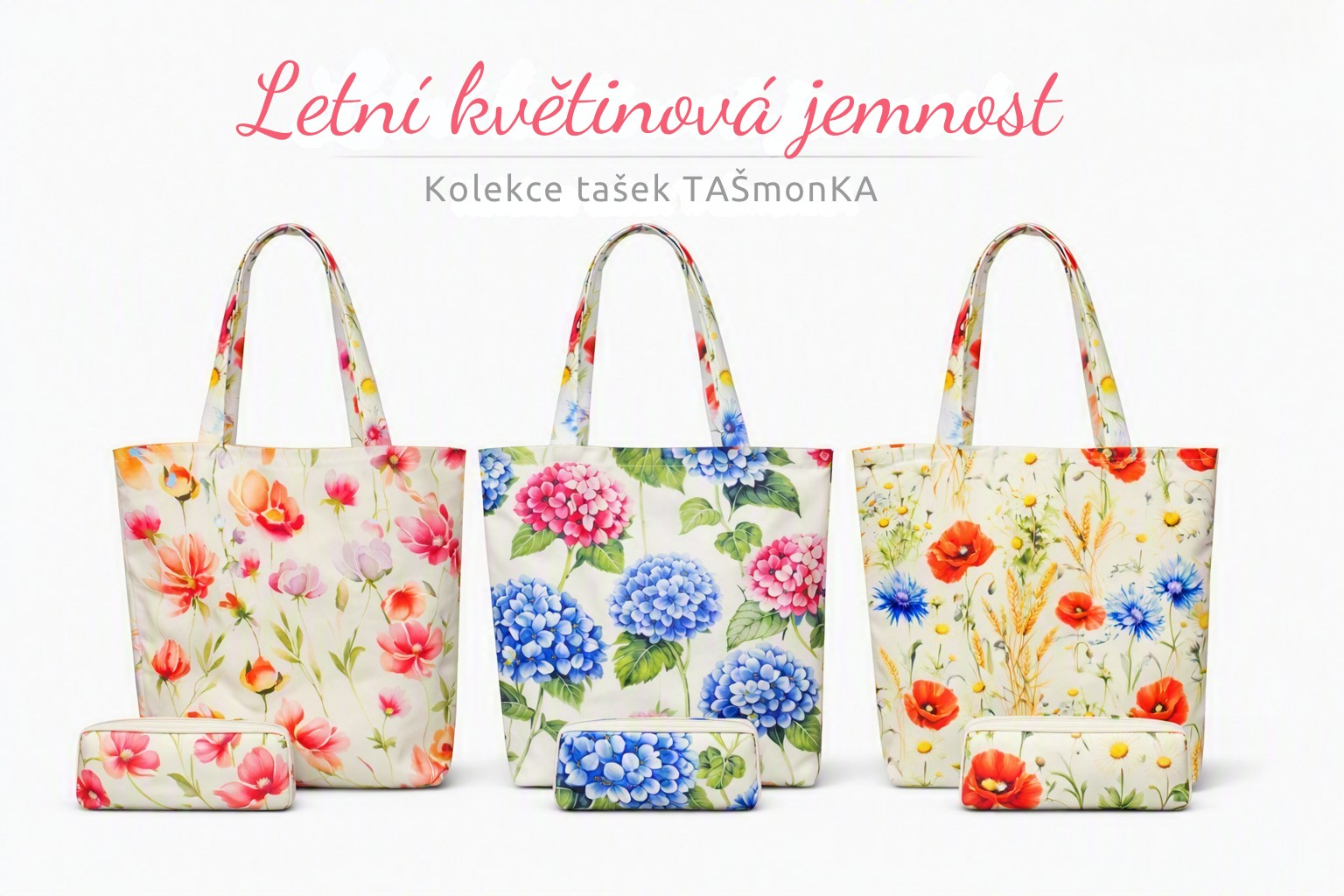 Kolekce tří dvouvrstvých látkových tašek TAŠmonKA s květinovými motivy a kapsičkami. Ruční výroba, bavlněné podšití, letní jemný styl.