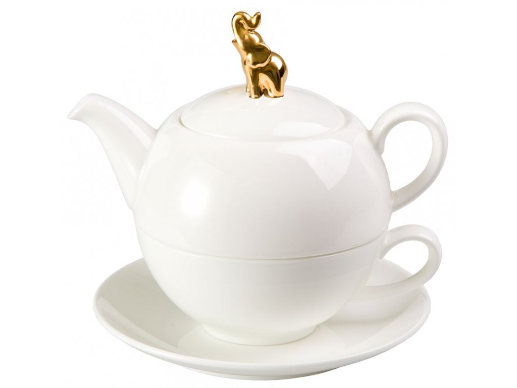 Golden Elephant - Tea for one, Fine Bone China, čajová porcelánová souprava 0,25l /0,5 l, bílá, zlatá, slon