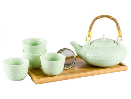Tanaka - porcelánová čajová souprava 0,1 l/ 0,5 l, zelená s bambusovým tácem