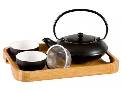 Yamina - porcelánová čajová souprava 0,1 l/ 0,45 l černá s bambusovým tácem