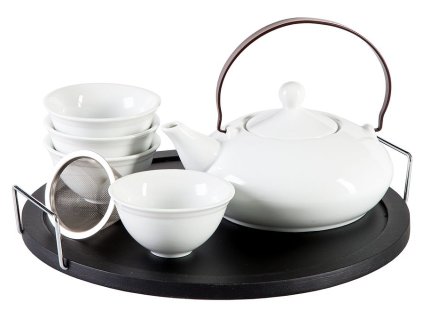 Elea - porcelánová čajová souprava 0,1 l/0,4 l, bílá s černým tácem