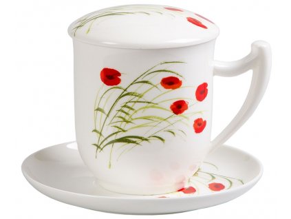 Caprice - Fine Bone China porcelánový hrnek s podšálkem, pokličkou a sítkem 0,35 l, vlčí mák