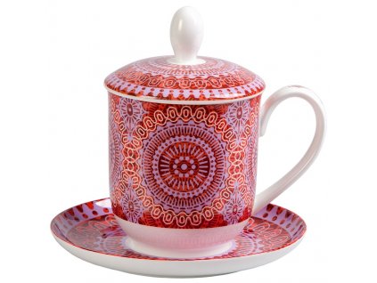Sonji - Fine Bone China porcelánový hrnek s podšálkem a sítkem 0,35 l, červený s mandaly
