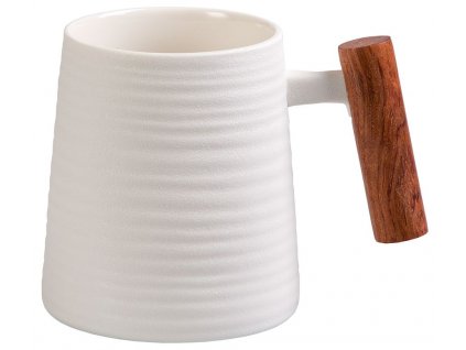 Blanca - porcelánový hrnek s dřevěným uchem 0,32 l, bílý s reliéfem