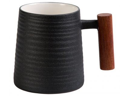 Debra - porcelánový hrnek s dřevěným uchem 0,32 l, černý s reliéfem