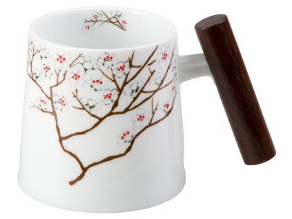 Bílá třešeň - Fine Bone China porcelánový hrnek s dřevěným uchem 0,4 l