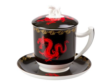 Zhu - Fine Bone China, porcelánový hrnek s podšálkem, pokličkou a sítkem 0,35 l, černý, čínský drak