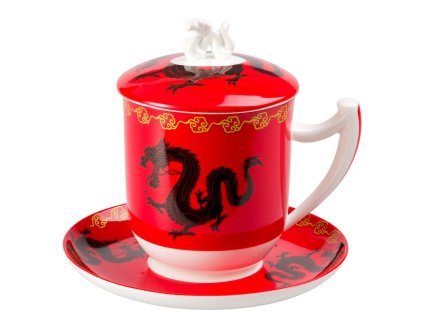 Zhu - Fine Bone China, porcelánový hrnek s podšálkem, pokličkou a sítkem 0,35 l, červený, čínský drak