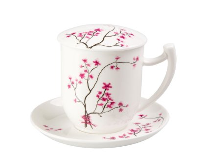 Cherry Blossom - Fine Bone China, porcelánový hrnek s podšálkem, pokličkou a sítkem 0,35 l, třešeň