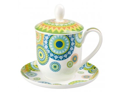 Ramon - Fine Bone China, porcelánový hrnek s podšálkem, pokličkou a sítkem 0,35 l, mandaly