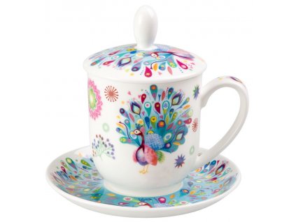 Paula - Fine Bone China, porcelánový hrnek s podšálkem, pokličkou a sítkem 0,35 l, páv