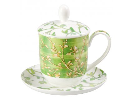 Yasmin - Fine Bone China, porcelánový hrnek s podšálkem, pokličkou a sítkem 0,35 l, zelený