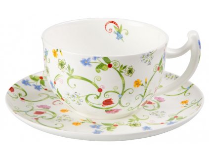 Fleurette - Fine Bone China, porcelánový šálek s podšálkem, snídaňová sada, 0,5 l, květiny
