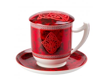 Celtic - Fine Bone China, porcelánový hrnek s podšálkem, pokličkou a sítkem 0,35 l, červený, keltský uzel