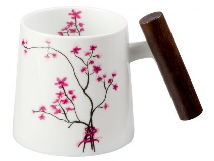 Cherry Blossom - Fine Bone China porcelánový hrnek s dřevěným uchem 0,4 l, třešeň