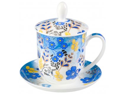 Nicole - Fine Bone China, porcelánový hrnek s podšálkem, pokličkou a sítkem 0,35 l, modrý, květiny