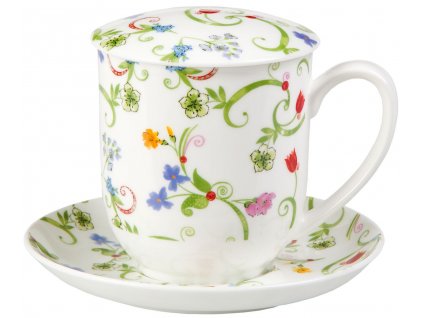 Fleurette - Fine Bone China, porcelánový hrnek s podšálkem, pokličkou a sítkem 0,3 l, květiny