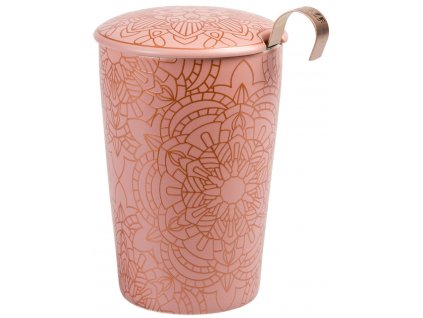 Mandala - dvoustěnný porcelánový hrnek bez ouška se sítkem a pokličkou 0,35 l, růžový