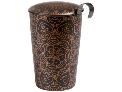 Mandala - dvoustěnný porcelánový hrnek bez ouška se sítkem a pokličkou 0,35 l, černý