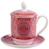 Sonji - Fine Bone China porcelánový hrnek s podšálkem a sítkem 0,35 l, červený s mandaly