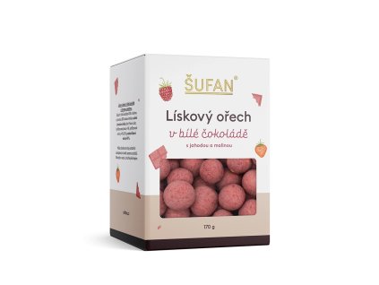 Lískový oříšek v bílé čokoládě s jahodou a malinou 170g