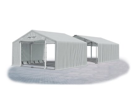 Ohňuvzdorný skladový stan oceľ + SFR 4m × 16m × 2m konštrukcia Leto plus 38mm 600g/m PVC SFR plachta šedá