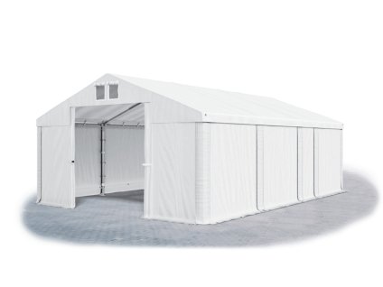 Skladový stan oceľ 4m × 7m × 2m konštrukcia Leto 38mm 580g/m PVC plachta biela