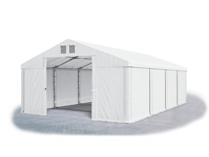 Skladový stan oceľ 6m × 8m × 2m konštrukcia Zima 50mm 560g/m PVC plachta biela