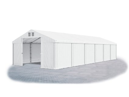 Skladový stan oceľ 4m × 12m × 2m konštrukcia Leto 38mm 560g/m PVC plachta biela