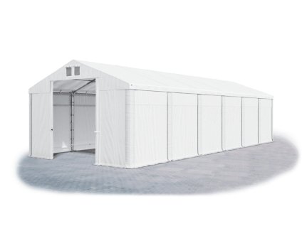 Skladový stan oceľ 4m × 12m × 3m konštrukcia Zima 50mm 560g/m PVC plachta biela