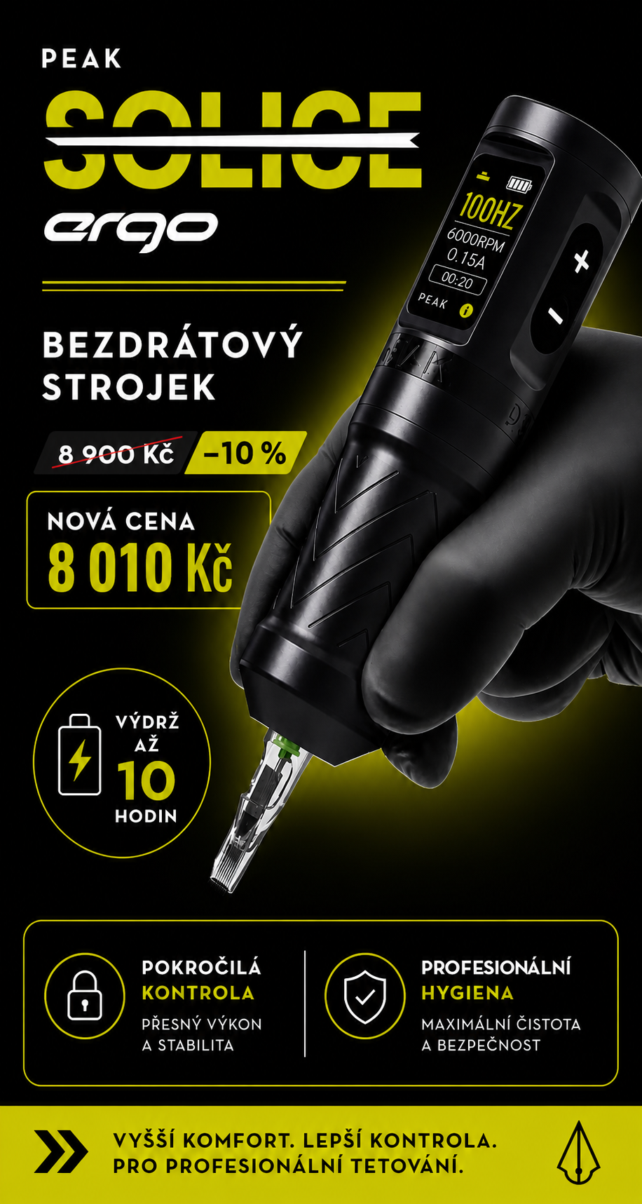 Peak Solice Ergo – bezdrátový tetovací strojek se slevou 10 %. Nová cena 8 010 Kč. Profesionální výkon, kontrola a výdrž až 10 hodin.