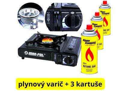 Plynový turistický varič prenosný,  kempingový varič + 3x kartuš MAR-POL  M90016