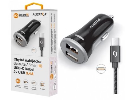 68909 aligator chytra nabijecka do auta 3 4a 2xusb smart ic cerna usb c kabel