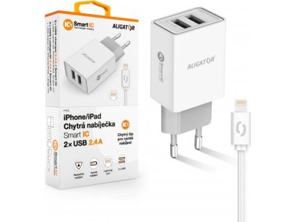 70301 aligator chytra sitova nabijecka 2 4a 2xusb smart ic bila usb kabel pro iphone ipad