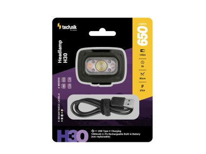 Technik Fejlámpa H30 (akkumulátoros) SST20 LED + red light + USB-C (650 lumen)