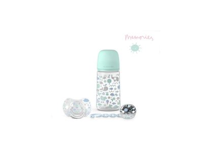 SUAVINEX | SADA LÁHEV 270ml + dudlík fyziologický 0/6m + klip MEMORIES - modrý