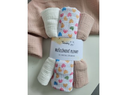 Sada 3x mušelínová plenka STANDARD 60 x 60 cm - barevná srdíčka