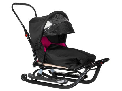 Detské sánky LUX odpružené s fusakom strieškou Čierno-ružové