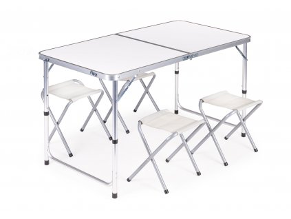 Turistický stôl, skladací stôl, sada 4 stoličiek Biela