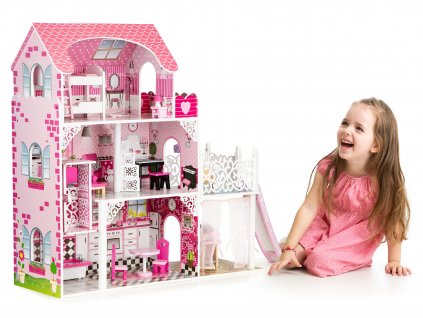 Drevený domček pre bábiky s výťahom xxl a šmykľavkou ECOTOYS