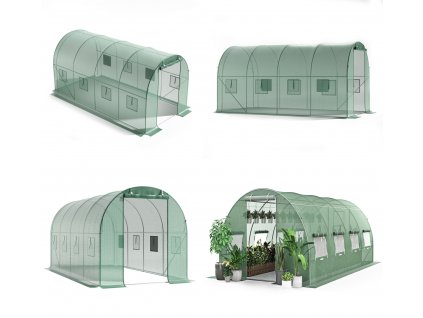 Skleníkový záhradný fóliový tunel, viacsezónny kovový rám, zelená fólia 4,5x2x2m
