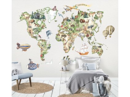 NÁLEPKA NA STĚNU MAPA SVĚTA PRO DĚTI SE ZVÍŘÁTKY