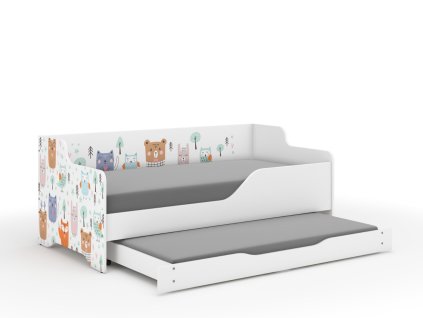 Dětská postel LILU 4 lesní zvířátka + přistýlka + matrace + rošt
