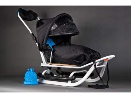 Dětské sáňky odpružené s fusakem MINKY stříškou a čepicí Bílo-modré