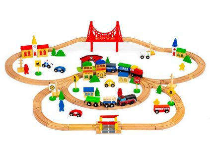 Dřevěná železnice, velké železniční tratě, bateriový vláček 90 prvků Ecotoys