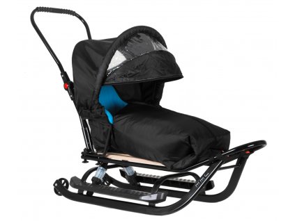 Dětské sáňky LUX odpružené s fusakem stříškou Černo-modré